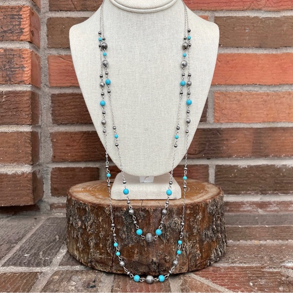 Layered Navajo Style Pearl & Turquoise Spaced Bead Necklaces - Picture 2 of 4